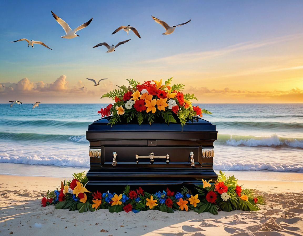 A serene beach scene depicting a unique fusion of eco-friendly funerals and vibrant beachwear culture. Feature a biodegradable casket adorned with tropical flowers, surrounded by friends in colorful swimwear gathered in a circle, celebrating life. The ocean waves gently lap at the shore, with sunlight reflecting a warm golden hue. In the background, a clear blue sky with seabirds soaring overhead adds to the atmosphere of peace and acceptance. modern illustration. vibrant colors. soft focus.