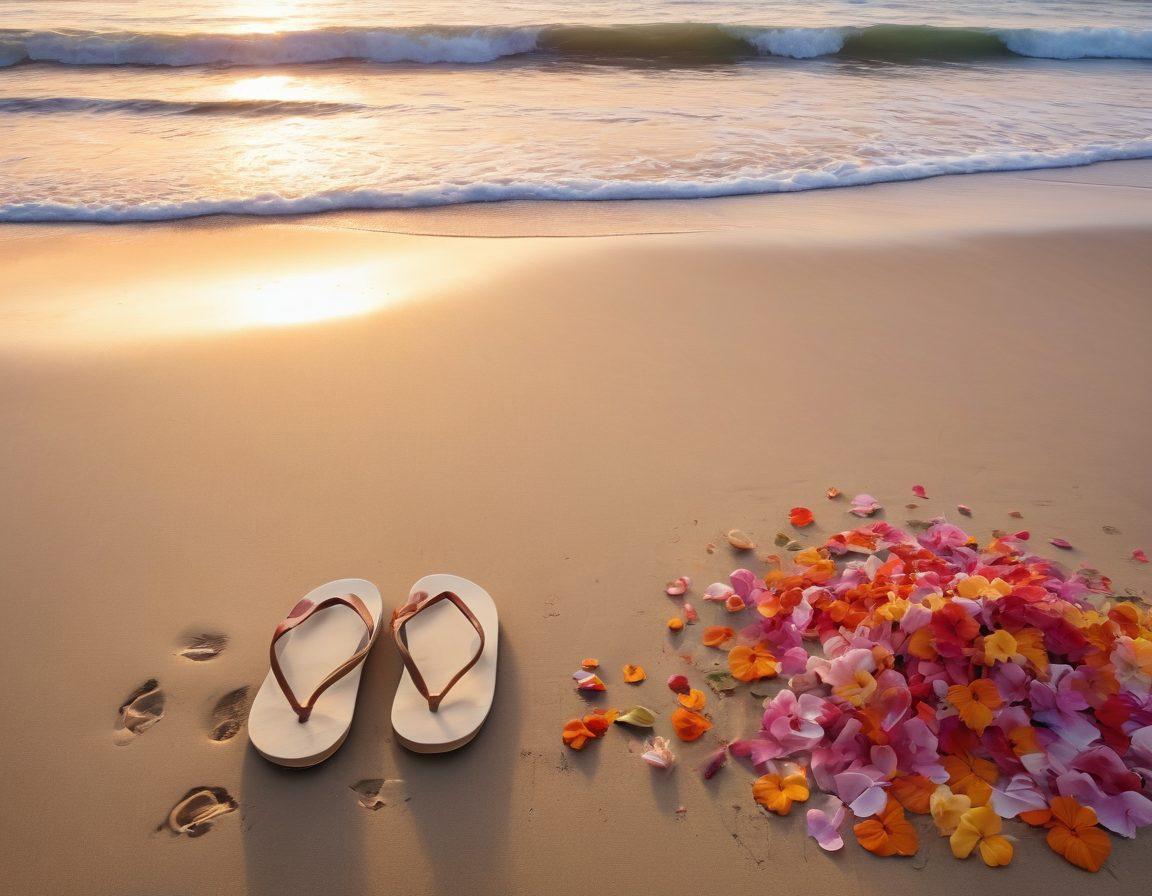 A serene beach setting adorned with eco-friendly farewell items such as biodegradable urns and flower petals, juxtaposed with traditional swimsuits and flip-flops scattered artfully on the sand. The scene captures a sunset, reflecting warm hues over gentle waves, symbolizing the shift from leisure to sustainable practices. Soft, organic textures and elements of nature seamlessly blend the concepts of life and goodbye. painting. vibrant colors. soft edges.
