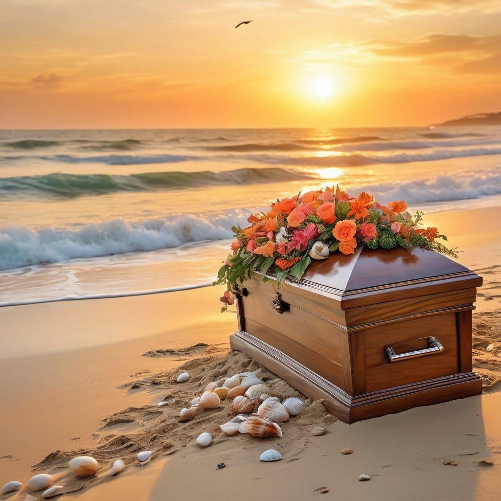 A serene beach scene at sunset, featuring gentle waves lapping against the shore. In the foreground, a beautifully decorated eco-friendly casket made of natural materials adorned with seashells and flowers. A group of diverse people in casual beach attire, joyfully sharing memories and holding biodegradable lanterns. Soft, warm lighting enhances the emotions, with sea birds flying in the background. watercolor painting. warm hues. tranquil atmosphere.